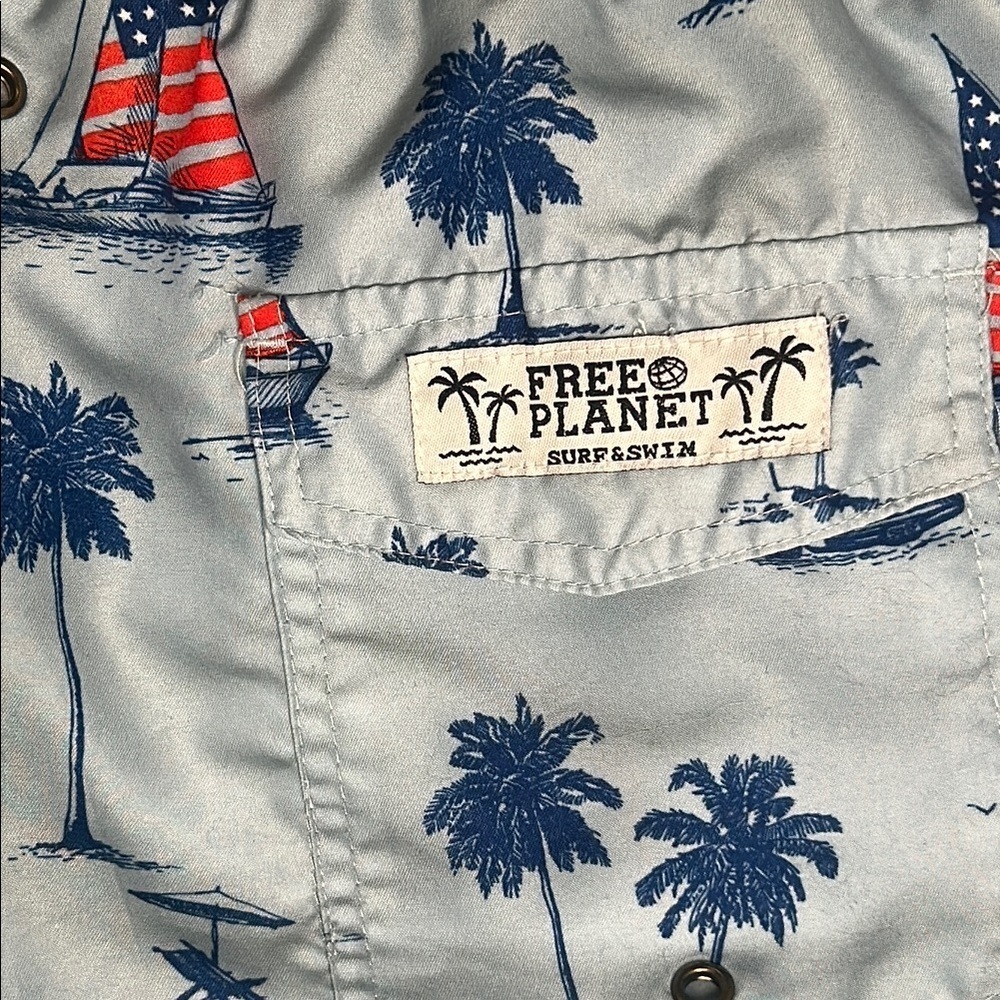 Free Planet Men's Swim Trunks with Palm Tree and Sailboat Print - Picture 5 of 8